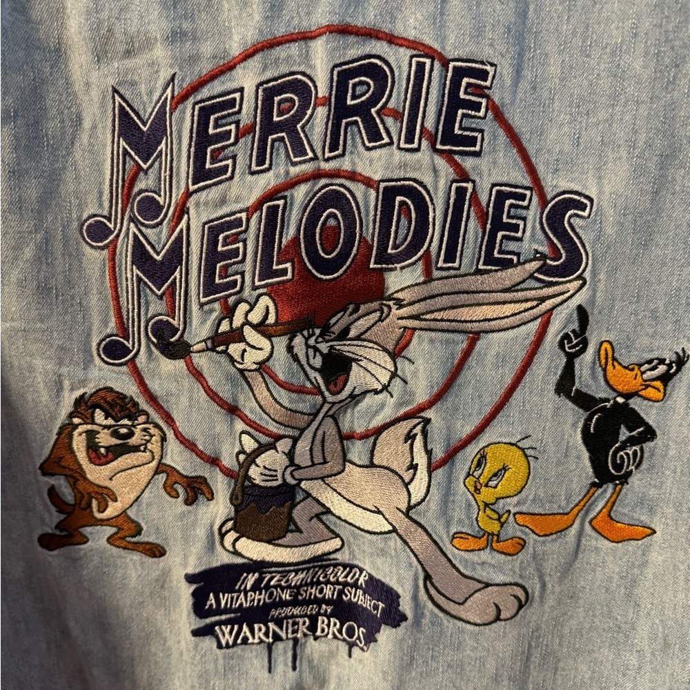 Vintage 90s Looney Tunes Merrie Melodies Embroidered Denim Cotton ButtonUp Shirt - Picture 12 of 15